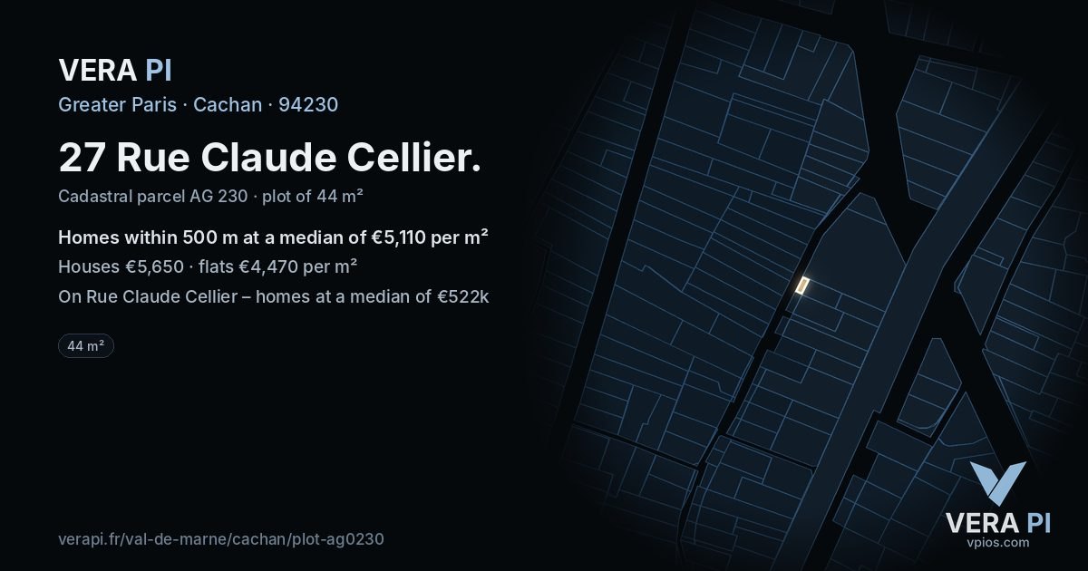 27 Rue Claude Cellier, Cachan at night – the plot lit, the parcels around coloured by the prices near them