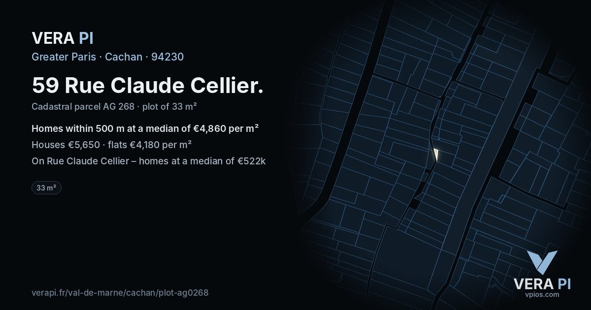 59 Rue Claude Cellier, Cachan at night – the plot lit, the parcels around coloured by the prices near them