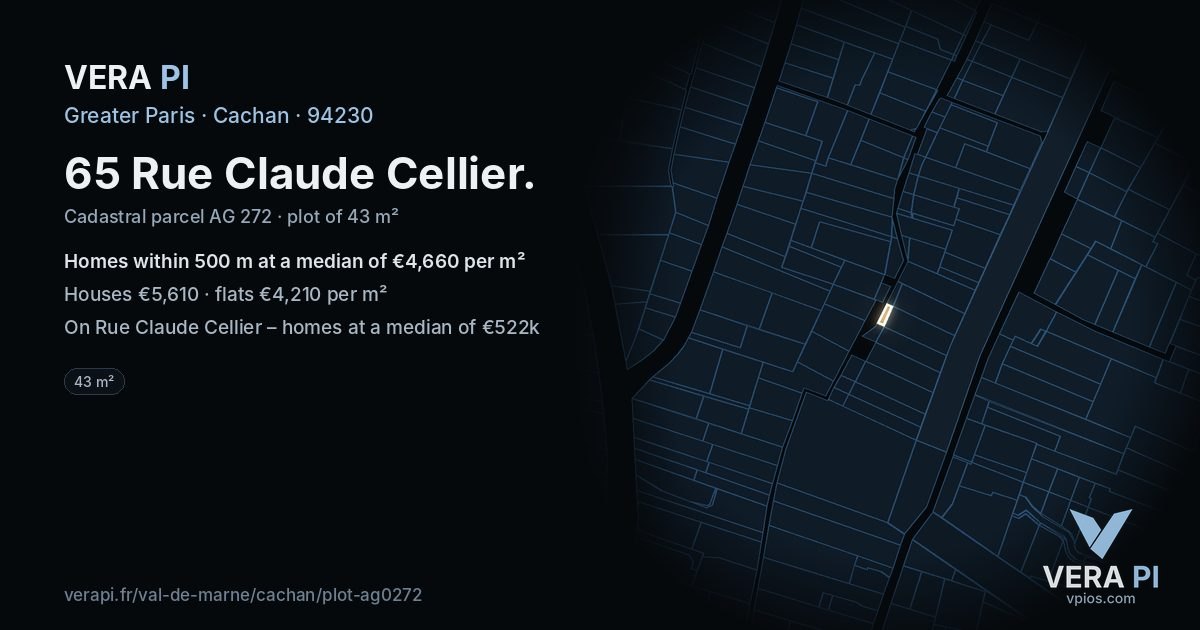 65 Rue Claude Cellier, Cachan at night – the plot lit, the parcels around coloured by the prices near them