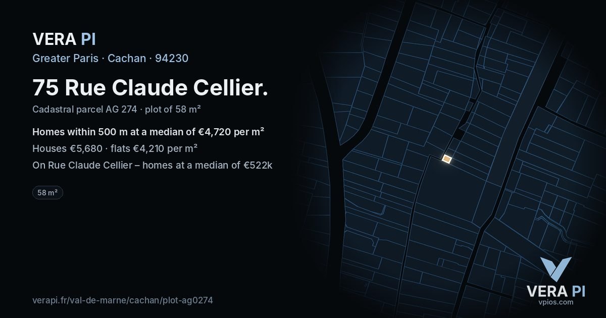 75 Rue Claude Cellier, Cachan at night – the plot lit, the parcels around coloured by the prices near them