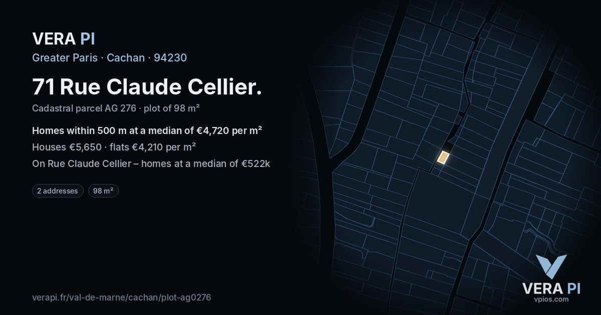 71 Rue Claude Cellier, Cachan at night – the plot lit, the parcels around coloured by the prices near them
