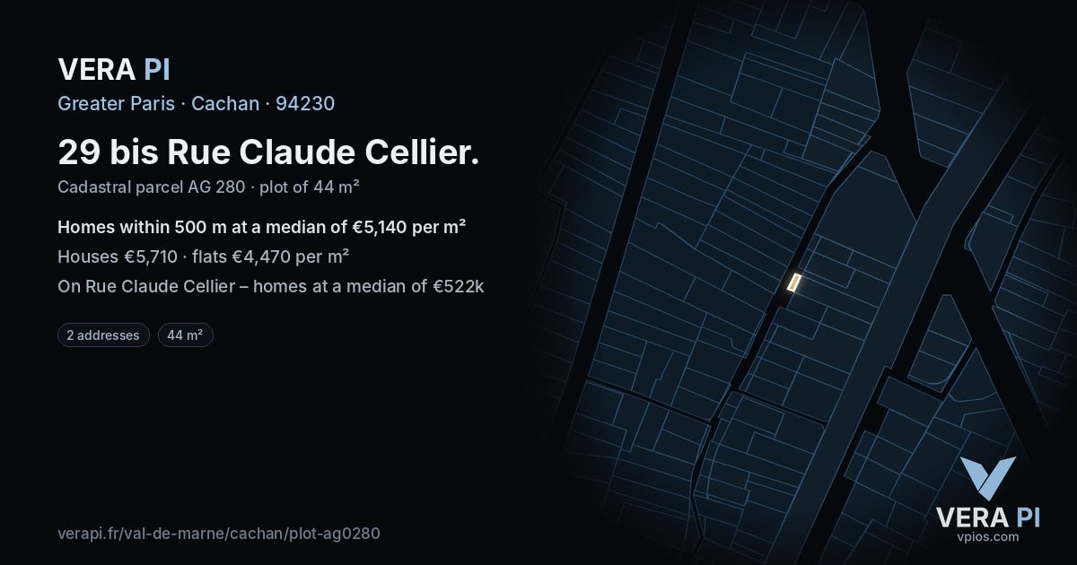 29 bis Rue Claude Cellier, Cachan at night – the plot lit, the parcels around coloured by the prices near them