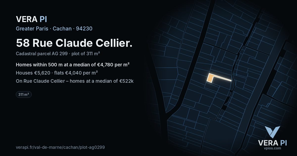 58 Rue Claude Cellier, Cachan at night – the plot lit, the parcels around coloured by the prices near them