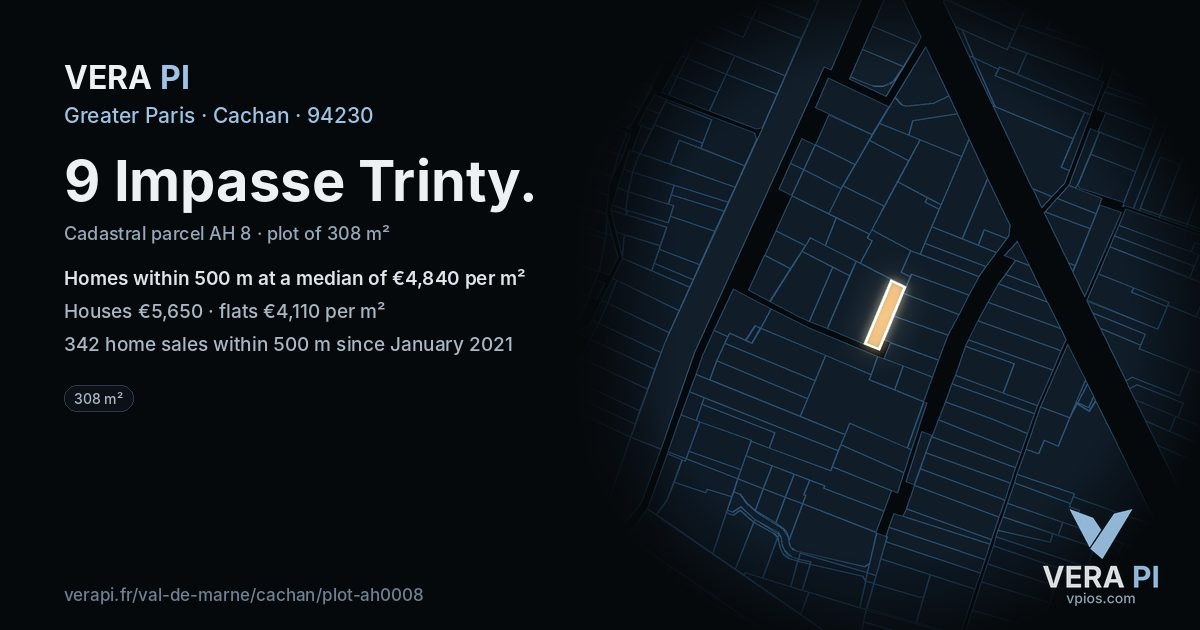 9 Impasse Trinty, Cachan at night – the plot lit, the parcels around coloured by the prices near them