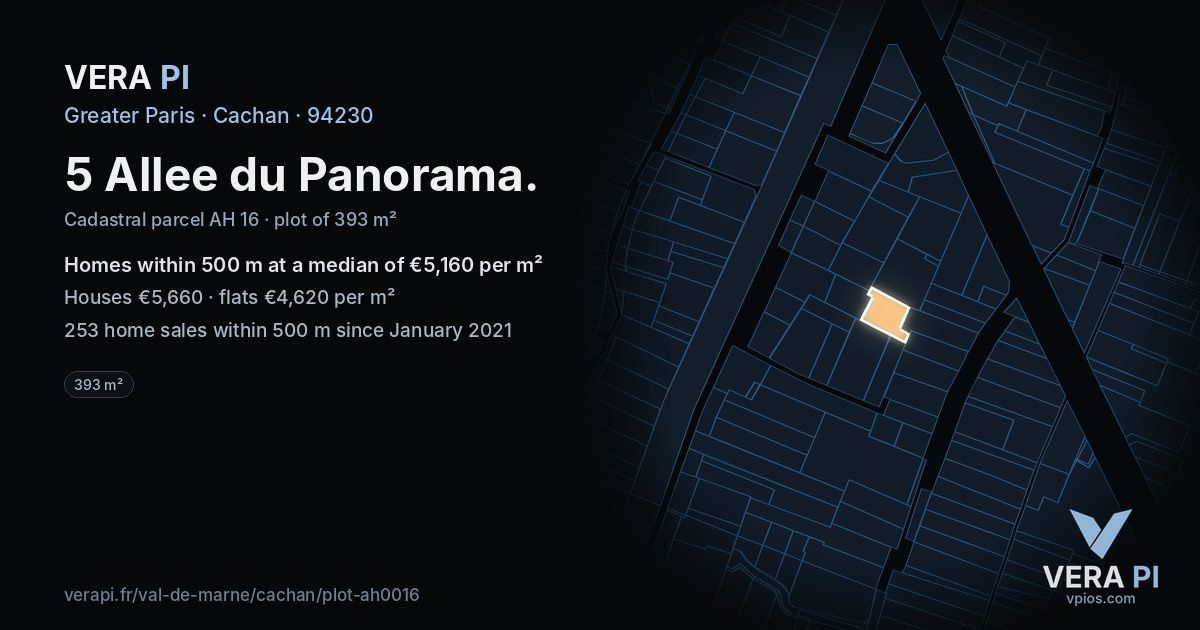 5 Allee du Panorama, Cachan at night – the plot lit, the parcels around coloured by the prices near them