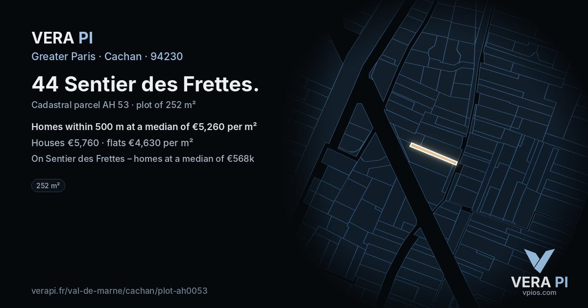 44 Sentier des Frettes, Cachan at night – the plot lit, the parcels around coloured by the prices near them