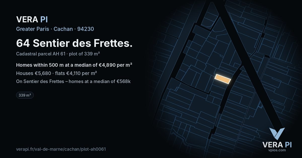 64 Sentier des Frettes, Cachan at night – the plot lit, the parcels around coloured by the prices near them