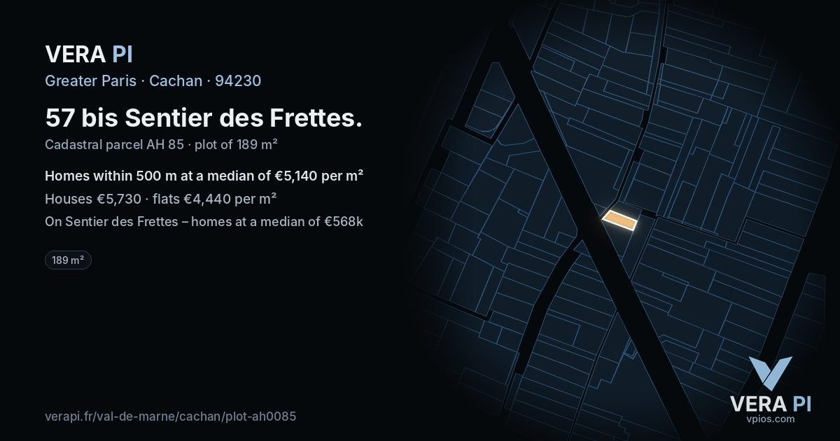 57 bis Sentier des Frettes, Cachan at night – the plot lit, the parcels around coloured by the prices near them