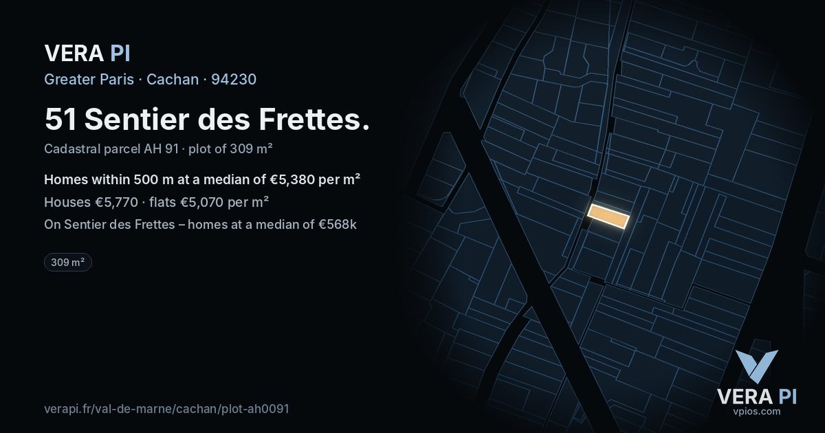 51 Sentier des Frettes, Cachan at night – the plot lit, the parcels around coloured by the prices near them