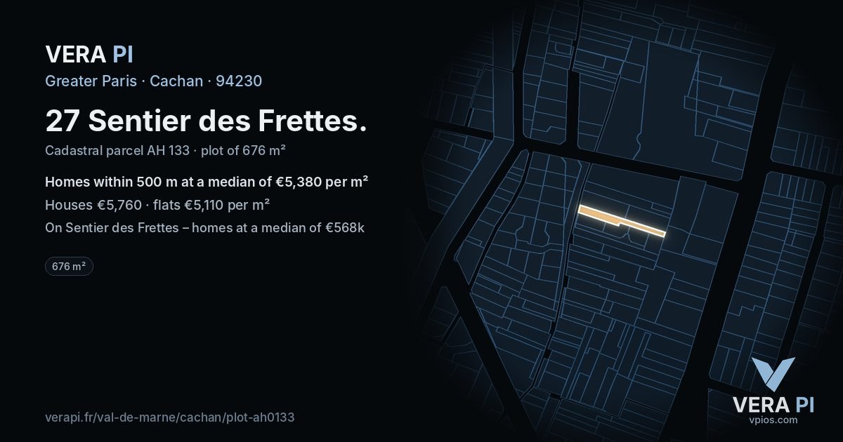 27 Sentier des Frettes, Cachan at night – the plot lit, the parcels around coloured by the prices near them