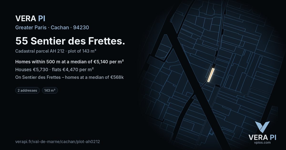 55 Sentier des Frettes, Cachan at night – the plot lit, the parcels around coloured by the prices near them