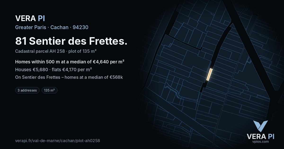 81 Sentier des Frettes, Cachan at night – the plot lit, the parcels around coloured by the prices near them