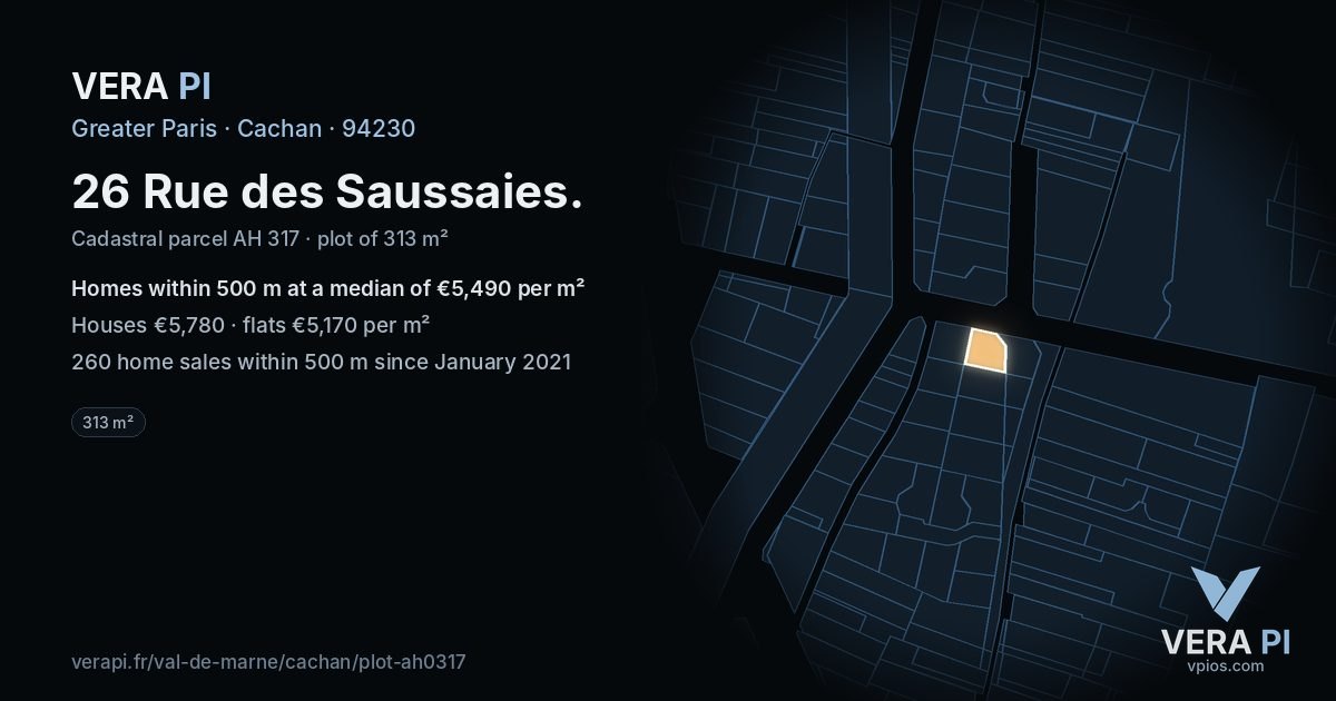 26 Rue des Saussaies, Cachan at night – the plot lit, the parcels around coloured by the prices near them