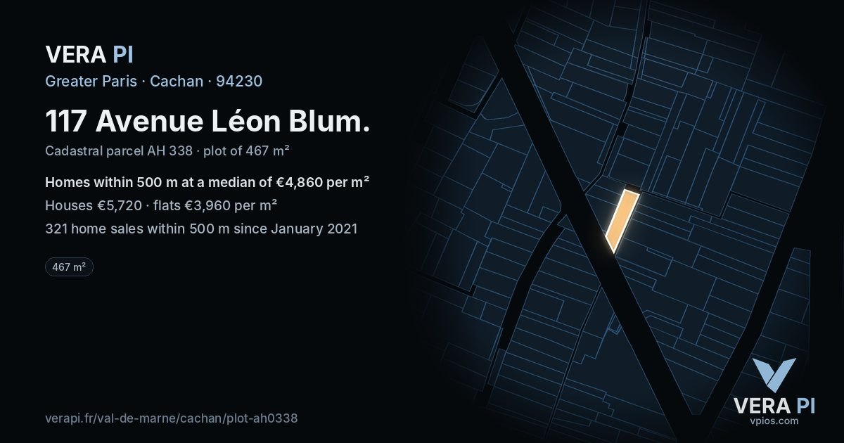 117 Avenue Léon Blum, Cachan at night – the plot lit, the parcels around coloured by the prices near them