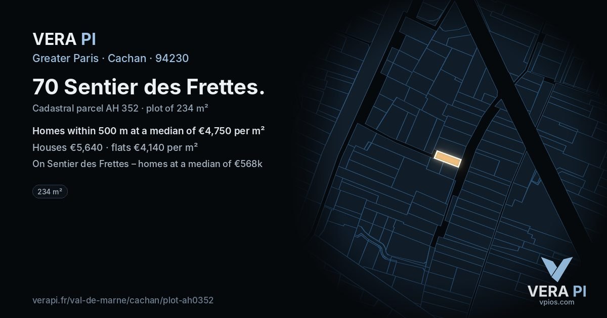 70 Sentier des Frettes, Cachan at night – the plot lit, the parcels around coloured by the prices near them