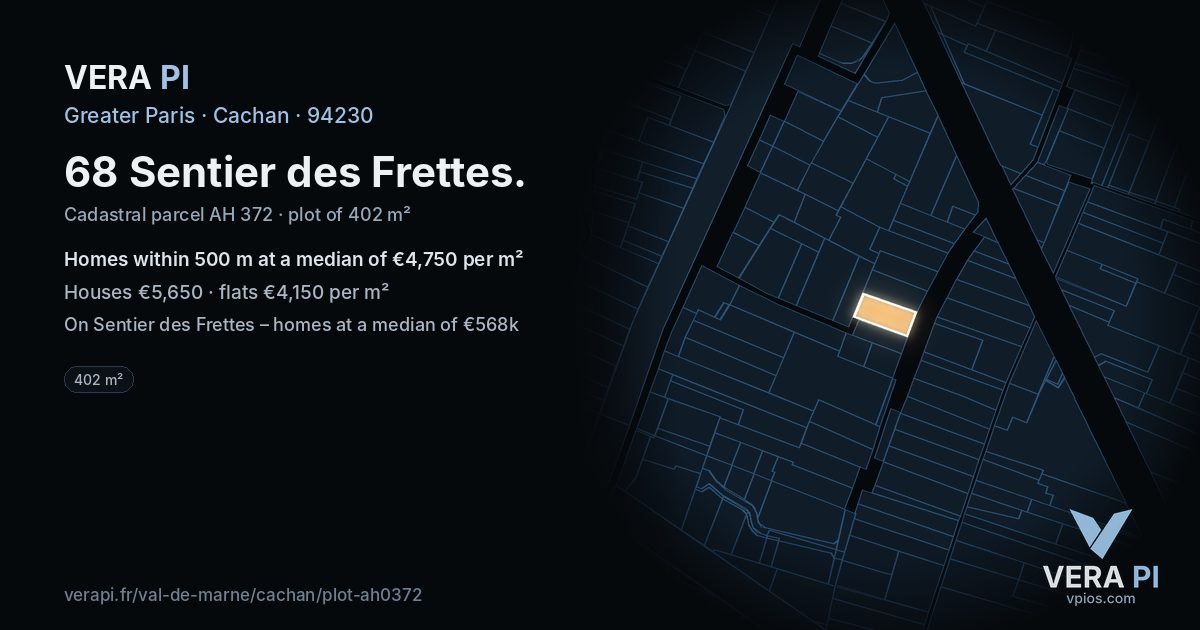 68 Sentier des Frettes, Cachan at night – the plot lit, the parcels around coloured by the prices near them