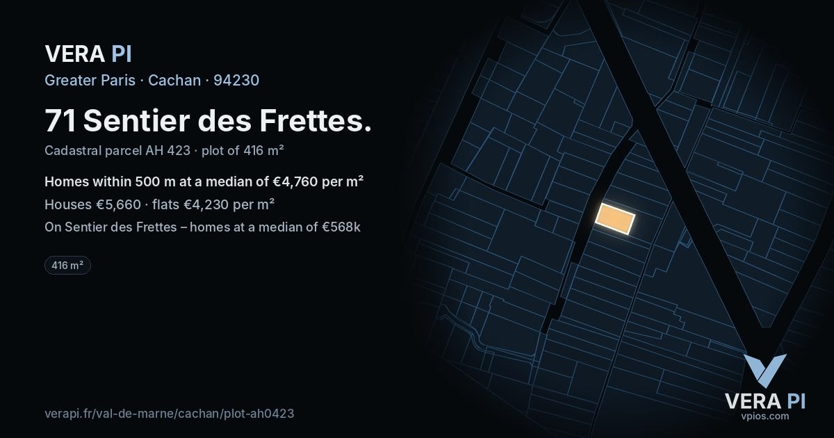 71 Sentier des Frettes, Cachan at night – the plot lit, the parcels around coloured by the prices near them