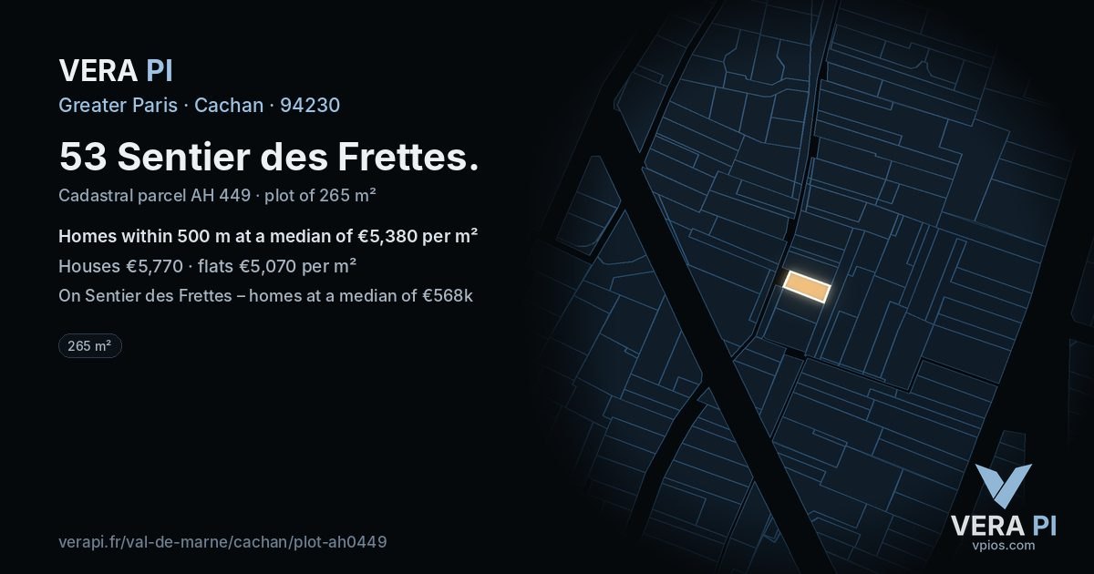 53 Sentier des Frettes, Cachan at night – the plot lit, the parcels around coloured by the prices near them