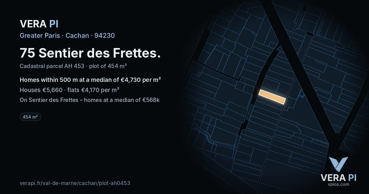 75 Sentier des Frettes, Cachan at night – the plot lit, the parcels around coloured by the prices near them