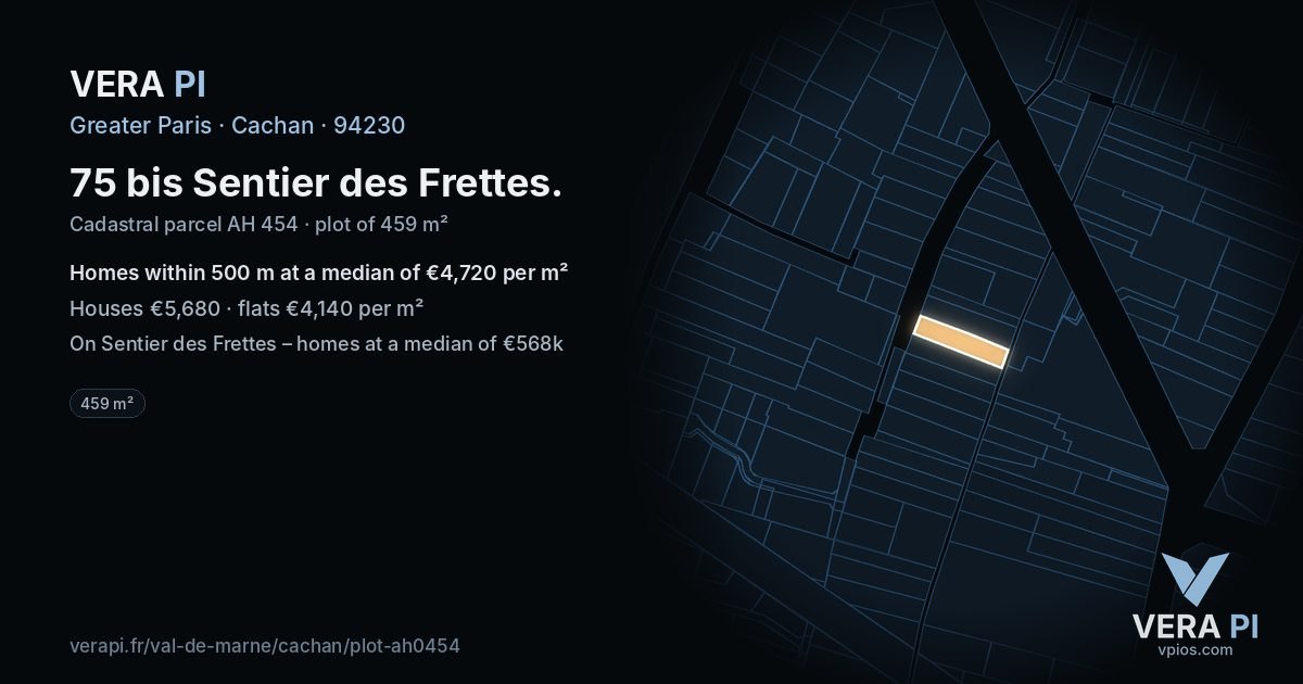 75 bis Sentier des Frettes, Cachan at night – the plot lit, the parcels around coloured by the prices near them