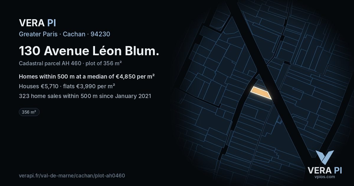 130 Avenue Léon Blum, Cachan at night – the plot lit, the parcels around coloured by the prices near them