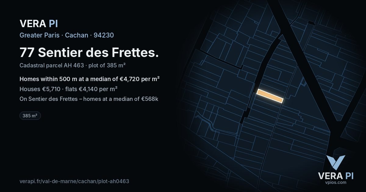 77 Sentier des Frettes, Cachan at night – the plot lit, the parcels around coloured by the prices near them