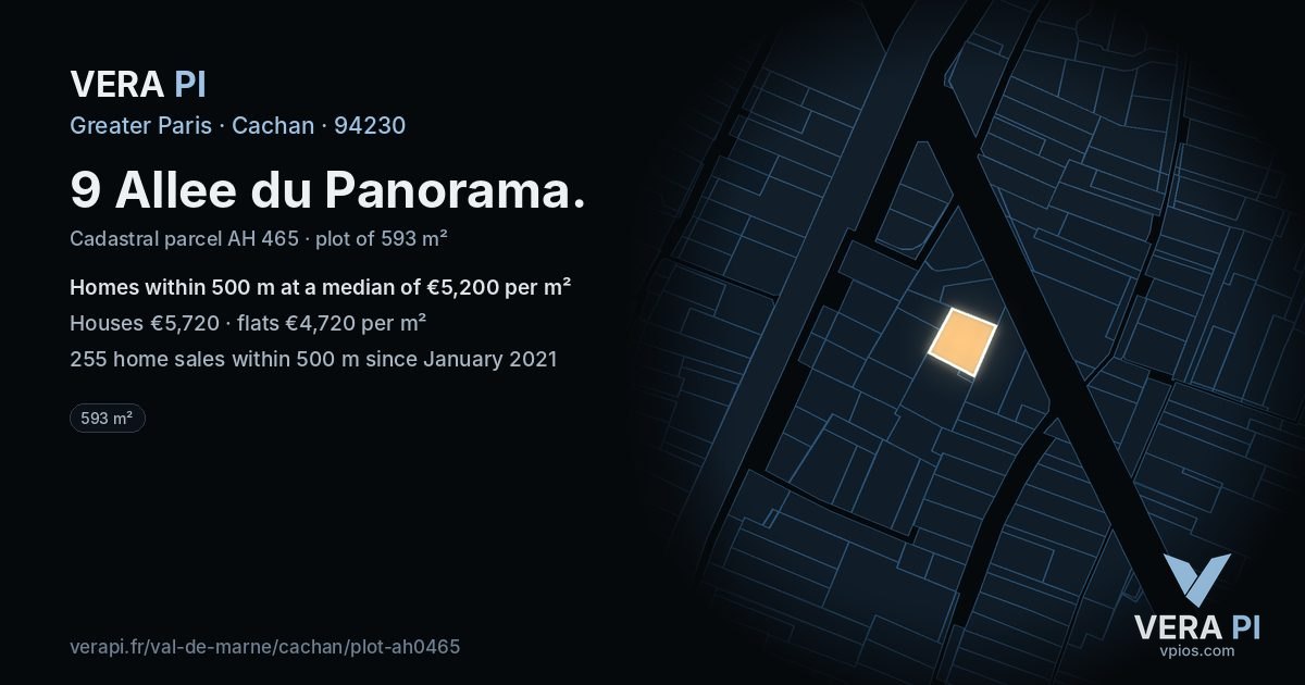 9 Allee du Panorama, Cachan at night – the plot lit, the parcels around coloured by the prices near them