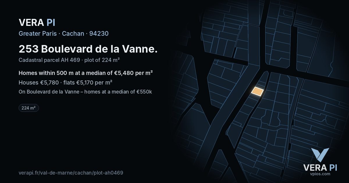 253 Boulevard de la Vanne, Cachan at night – the plot lit, the parcels around coloured by the prices near them