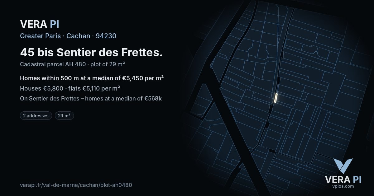 45 bis Sentier des Frettes, Cachan at night – the plot lit, the parcels around coloured by the prices near them