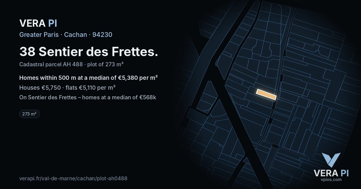 38 Sentier des Frettes, Cachan at night – the plot lit, the parcels around coloured by the prices near them
