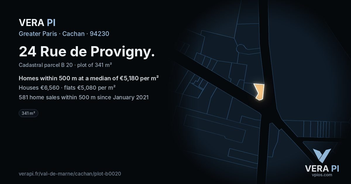 24 Rue de Provigny, Cachan at night – the plot lit, the parcels around coloured by the prices near them