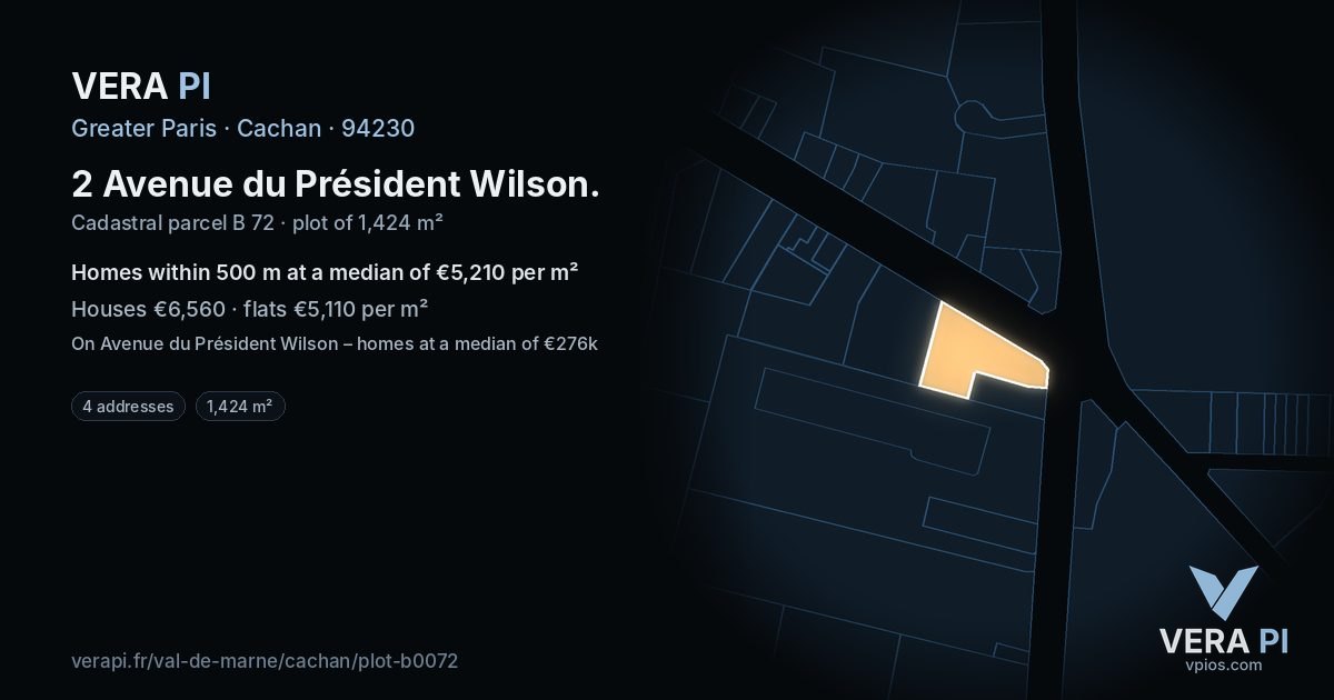 2 Avenue du Président Wilson, Cachan at night – the plot lit, the parcels around coloured by the prices near them