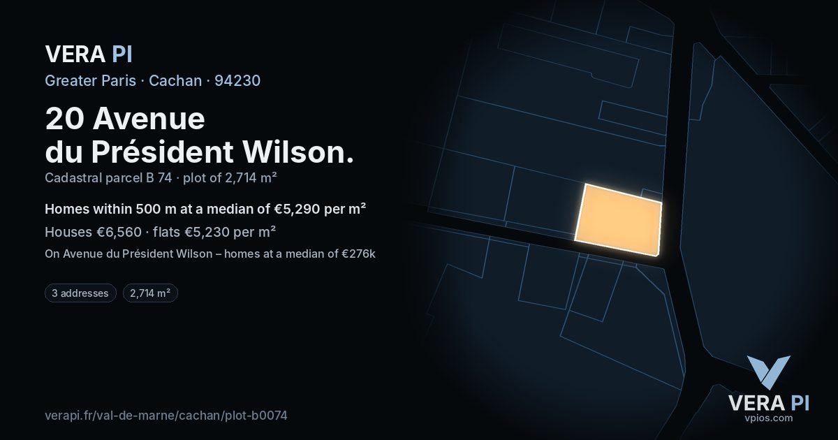 20 Avenue du Président Wilson, Cachan at night – the plot lit, the parcels around coloured by the prices near them