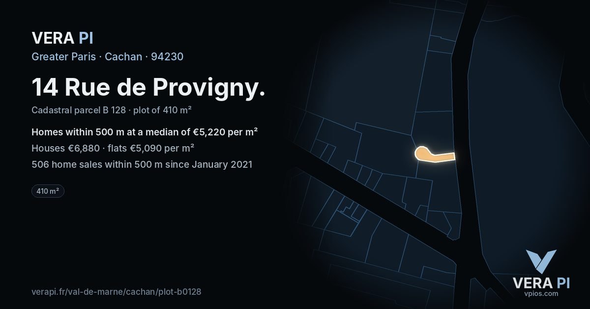 14 Rue de Provigny, Cachan at night – the plot lit, the parcels around coloured by the prices near them