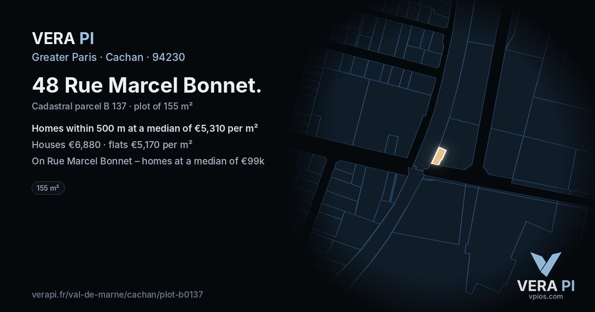 48 Rue Marcel Bonnet, Cachan at night – the plot lit, the parcels around coloured by the prices near them
