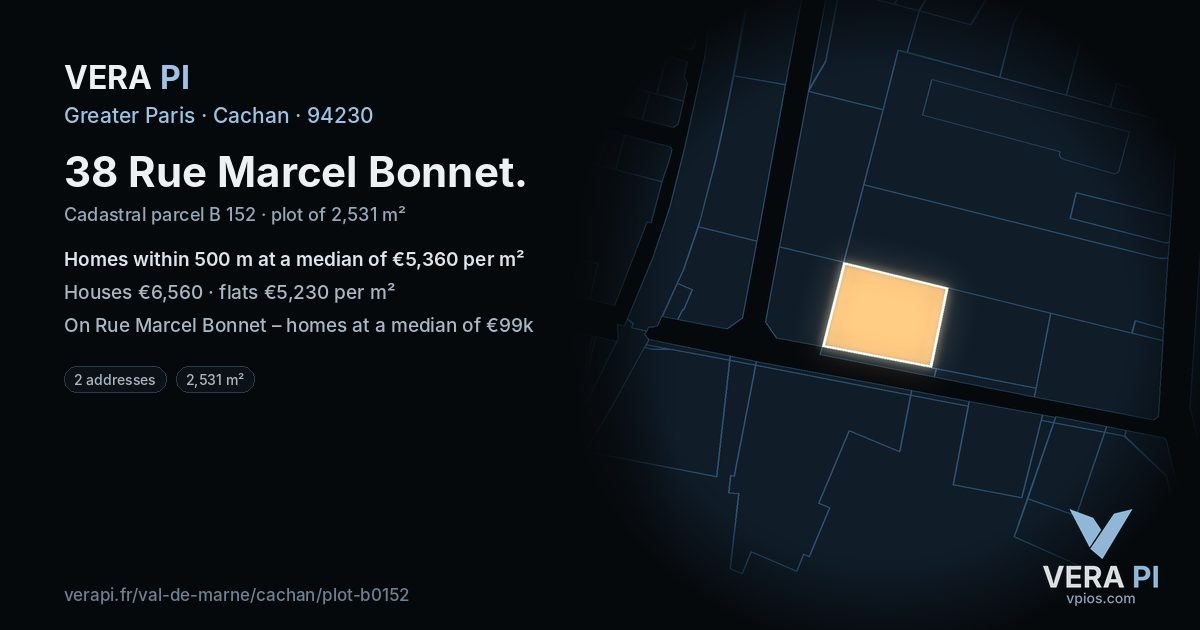 38 Rue Marcel Bonnet, Cachan at night – the plot lit, the parcels around coloured by the prices near them