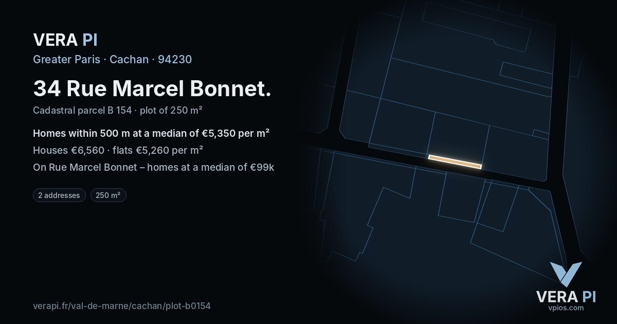 34 Rue Marcel Bonnet, Cachan at night – the plot lit, the parcels around coloured by the prices near them
