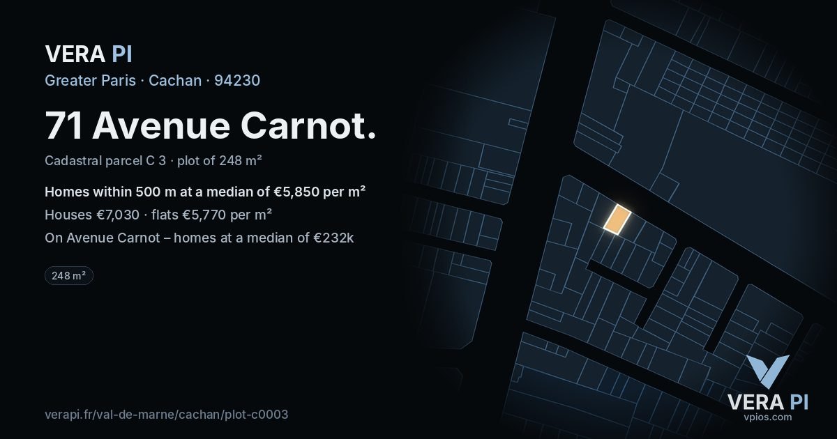 71 Avenue Carnot, Cachan at night – the plot lit, the parcels around coloured by the prices near them