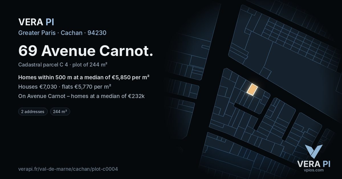 69 Avenue Carnot, Cachan at night – the plot lit, the parcels around coloured by the prices near them