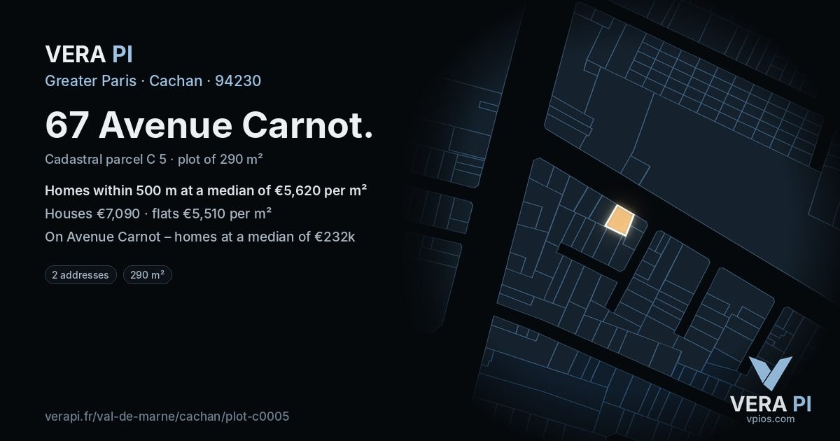 67 Avenue Carnot, Cachan at night – the plot lit, the parcels around coloured by the prices near them