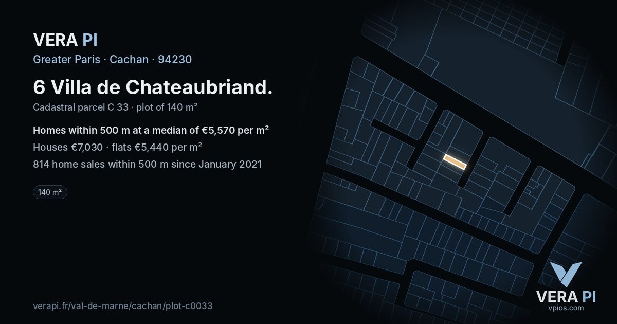 6 Villa de Chateaubriand, Cachan at night – the plot lit, the parcels around coloured by the prices near them