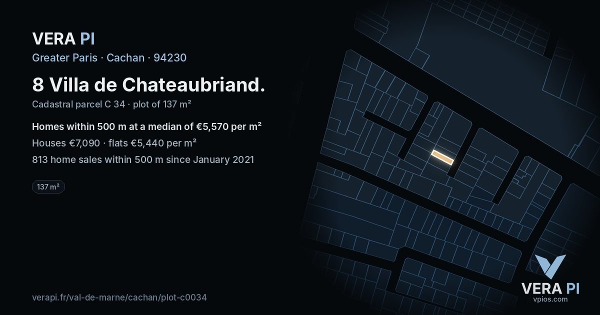 8 Villa de Chateaubriand, Cachan at night – the plot lit, the parcels around coloured by the prices near them
