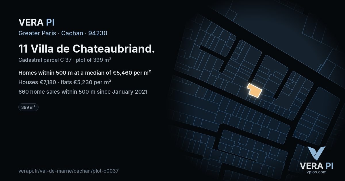 11 Villa de Chateaubriand, Cachan at night – the plot lit, the parcels around coloured by the prices near them
