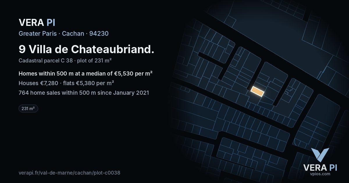 9 Villa de Chateaubriand, Cachan at night – the plot lit, the parcels around coloured by the prices near them