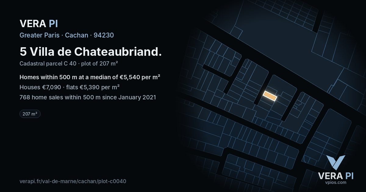 5 Villa de Chateaubriand, Cachan at night – the plot lit, the parcels around coloured by the prices near them