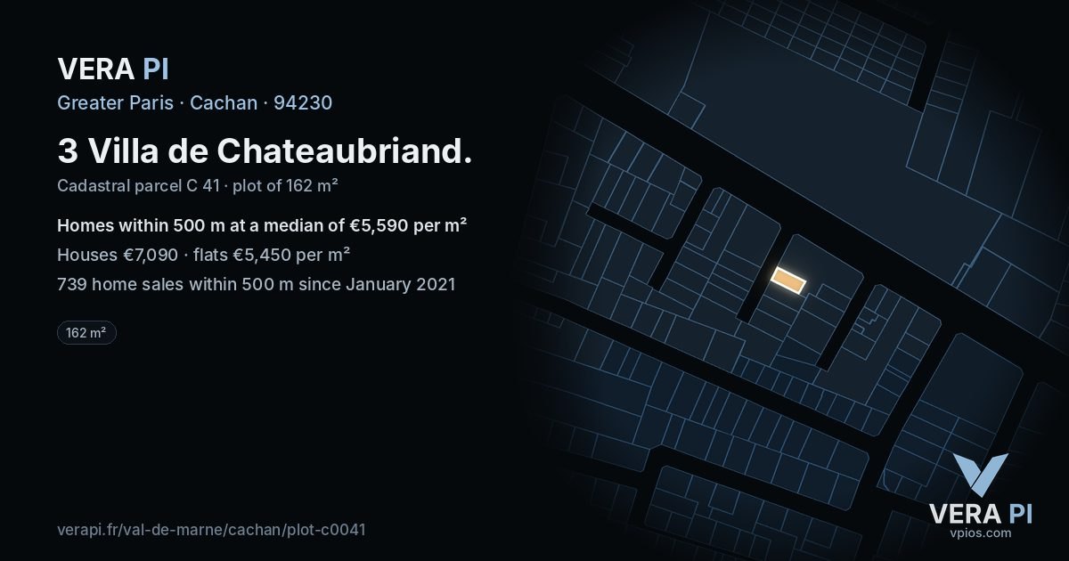 3 Villa de Chateaubriand, Cachan at night – the plot lit, the parcels around coloured by the prices near them