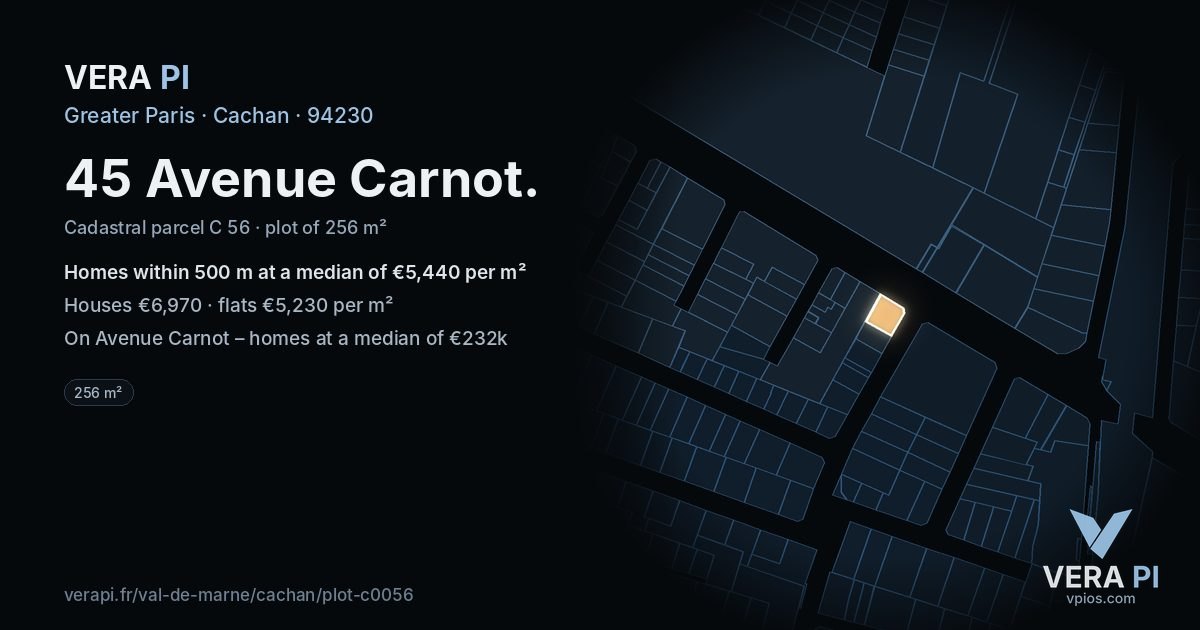 45 Avenue Carnot, Cachan at night – the plot lit, the parcels around coloured by the prices near them