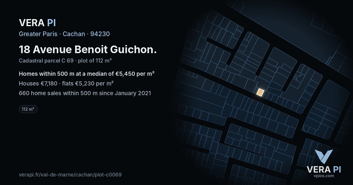 18 Avenue Benoit Guichon, Cachan at night – the plot lit, the parcels around coloured by the prices near them