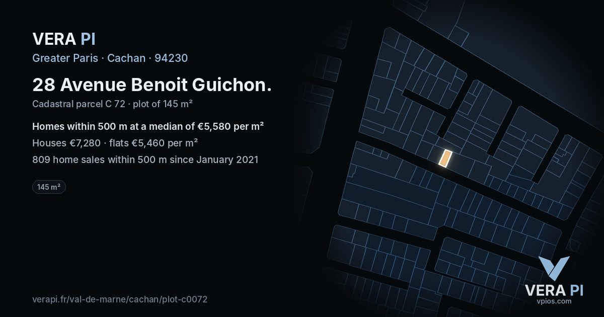 28 Avenue Benoit Guichon, Cachan at night – the plot lit, the parcels around coloured by the prices near them