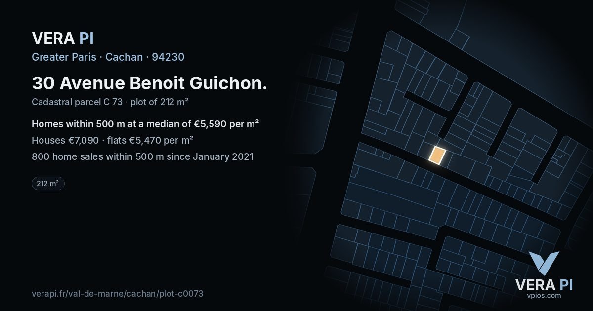 30 Avenue Benoit Guichon, Cachan at night – the plot lit, the parcels around coloured by the prices near them